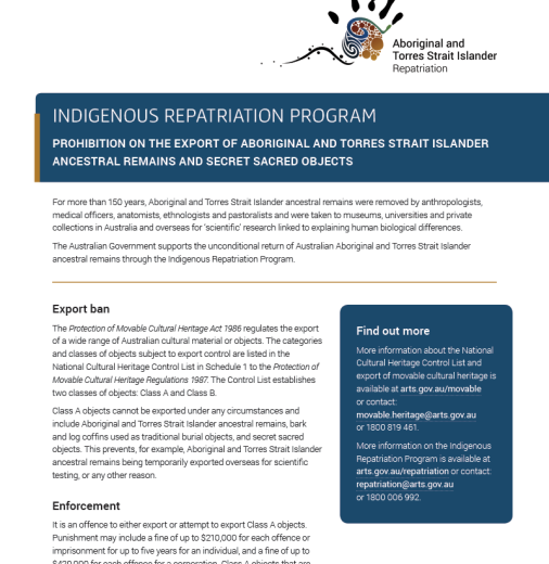 Fact sheet—prohibition on the export of Aboriginal and Torres Strait Islander ancestral remains and secret sacred objects