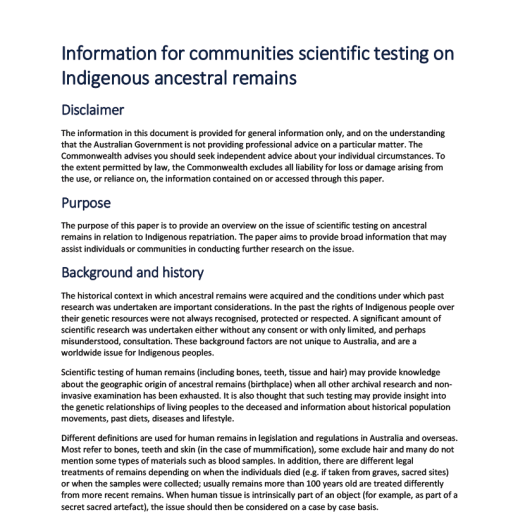 Information for communities scientific testing on Indigenous ancestral remains