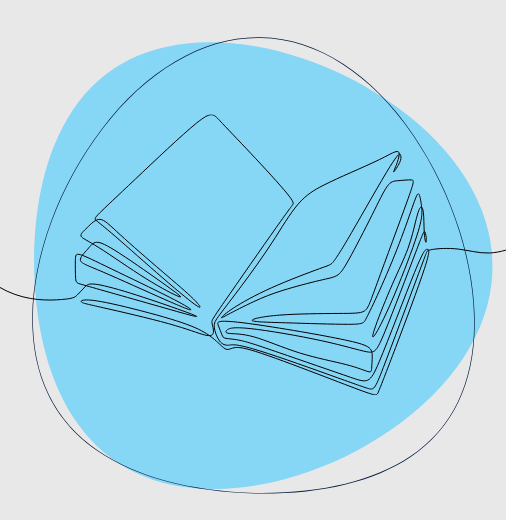 Line illustration of an open book against a blue background.