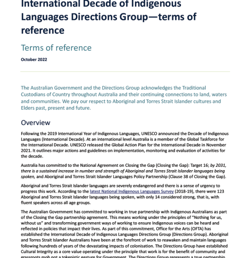 International Decade of Indigenous Languages Directions Group—terms of reference