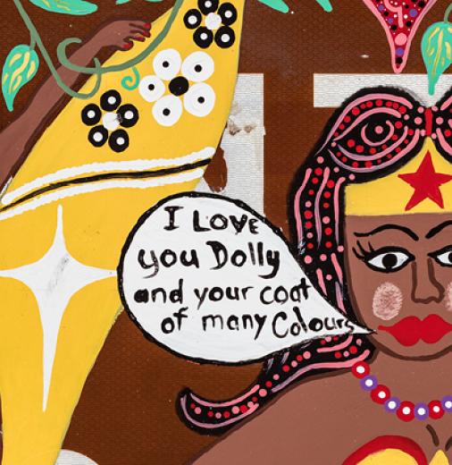 Artwork. Quote from the mouth of a woman: "I love you dolly and your coat of many colours".