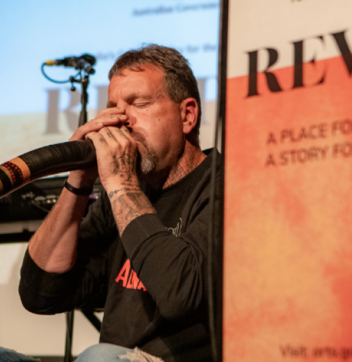 Bunurong Palawa traditional custodian Josh West performing at the launch of Revive. 