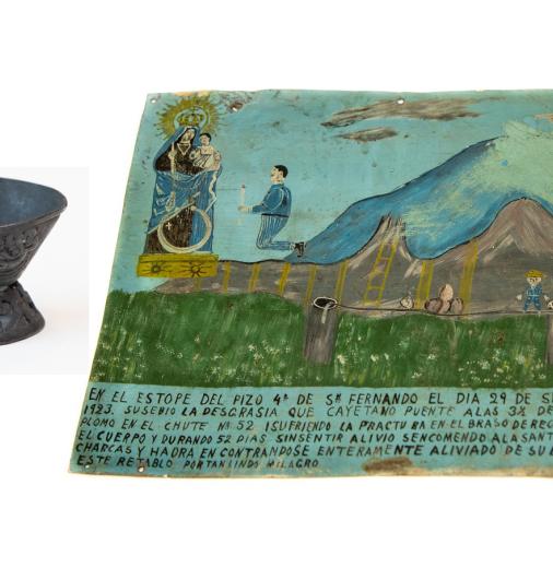 Mixtec copper bowl and ex-voto painting.