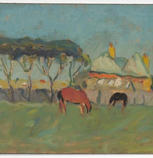 A watercolour painting of a house, pine trees and two horses. 