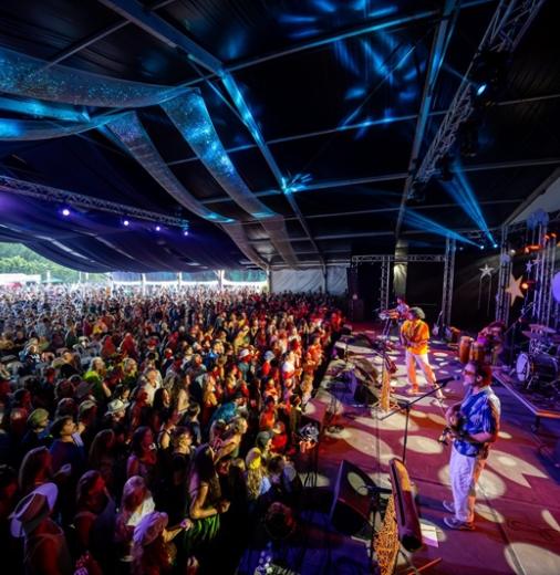 A band plays on stage in front of a packed audience illuminated by colourful lights. 