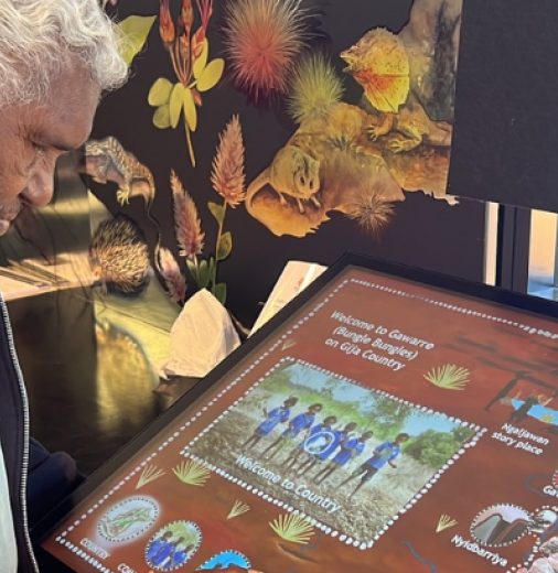 Senior Custodian Shirley Drill with the Jirraginy joo Goorrarndal—Frog and Brolga interactive display panel at Purnululu National Park. Credit: SharingStories 