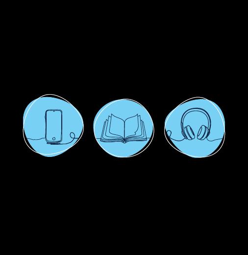 Tile—Lending Rights—drawings of mobile device, books, and headphones.