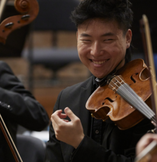 Violin/viola players and cellow players in an ensemble.
