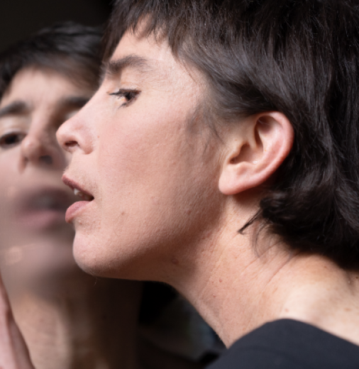 Actor Sarah Mainwaring on stage in the Back to Back Theatre production, Elephant.