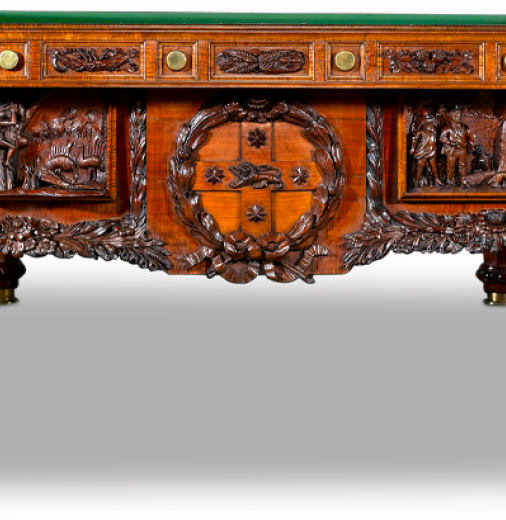 The History of Australia Billiard Table, with green felt top and ornate carvings on timber side and end panels