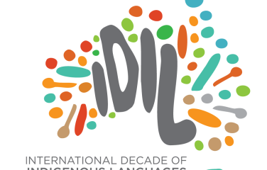 Logo of the International Decade of Indigenous Languages 2022-2032.  The letters ‘I’, ‘D’, ‘I’, ‘L’ represented within an artistic rendering of the shape of Australia.