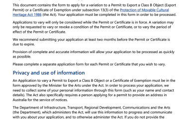 Application to vary a Permit to Export a Class B Object or Certificate of Exemption - July 2022