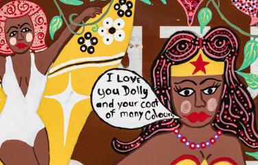 Artwork. Quote from the mouth of a woman: "I love you dolly and your coat of many colours".