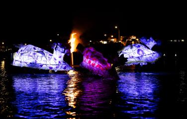 SALT on the Water, Night of the Nudibranch, Lanterns and fire murals dazzle audiences in the water, 2024, Photograph by Mikaela Frick. Funded under round 16.